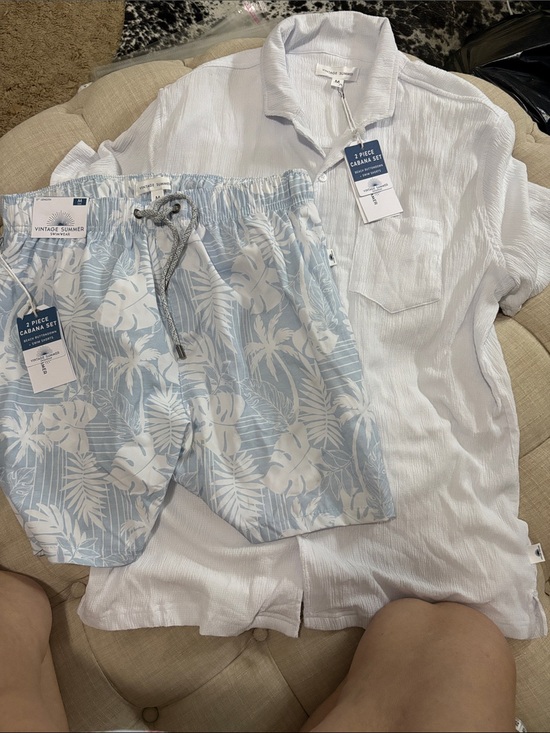 Vintage Summer Other - Light Blue Tropical Athletic Swim Shorts with Drawstring